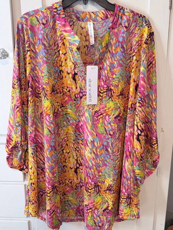 Dear Scarlett Tops - dear scarlett Multicolor V-Neck Tunic - Pink, Yellow & Green